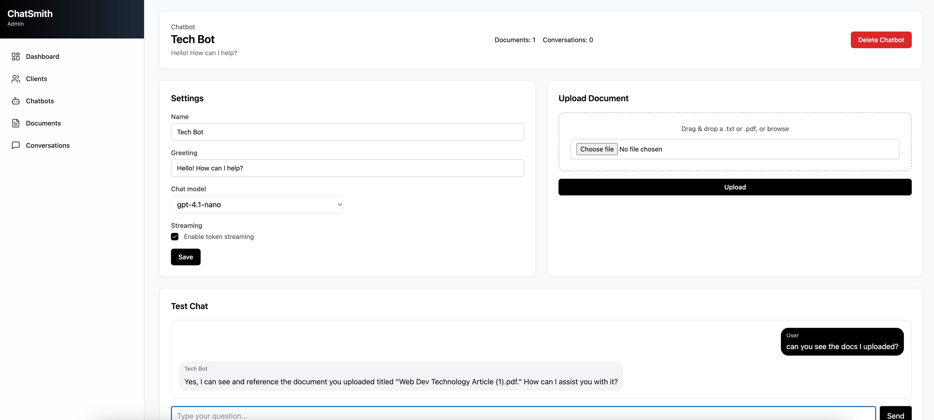 Chat-Smith chatbot config screen
