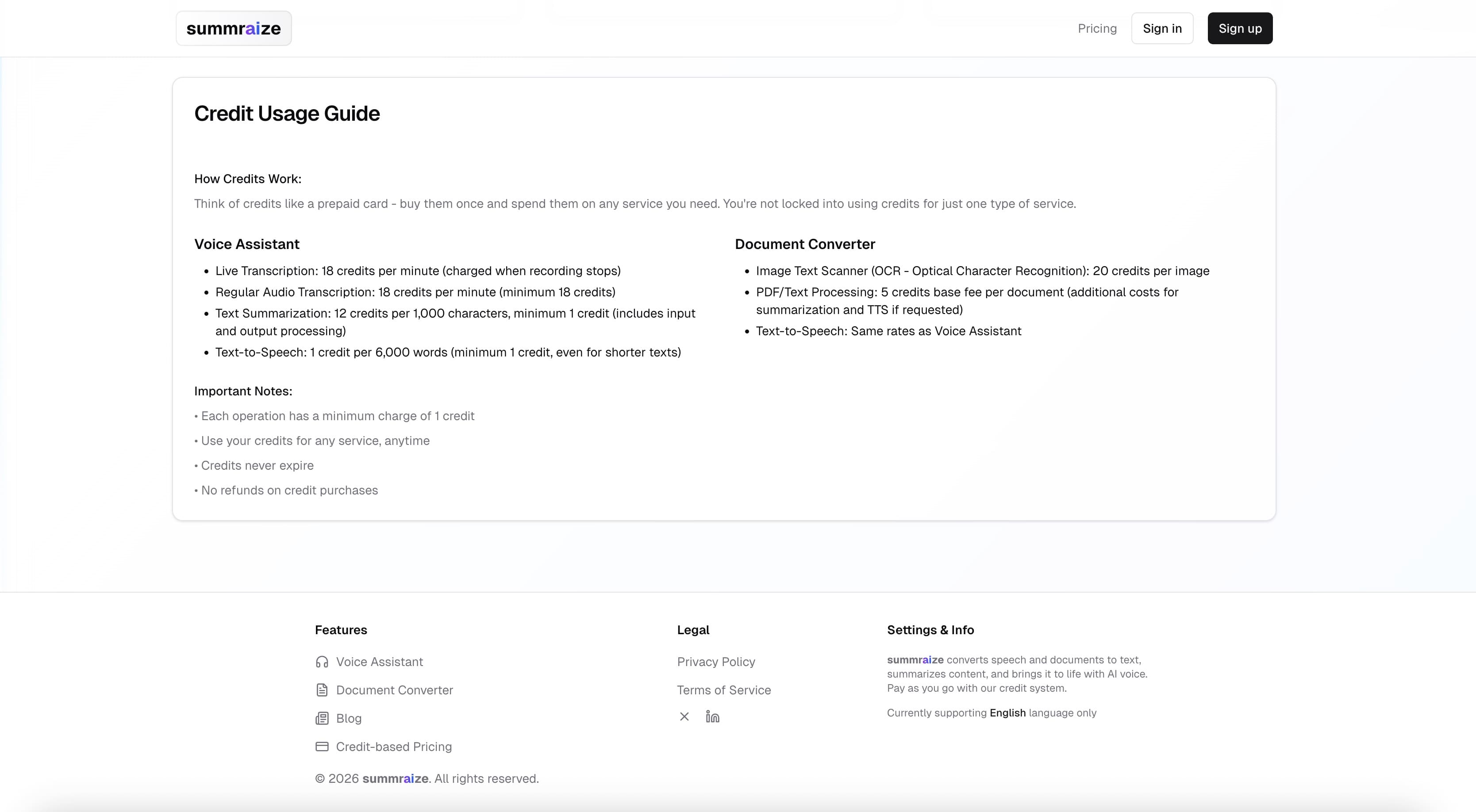 Summaraize credit usage screen