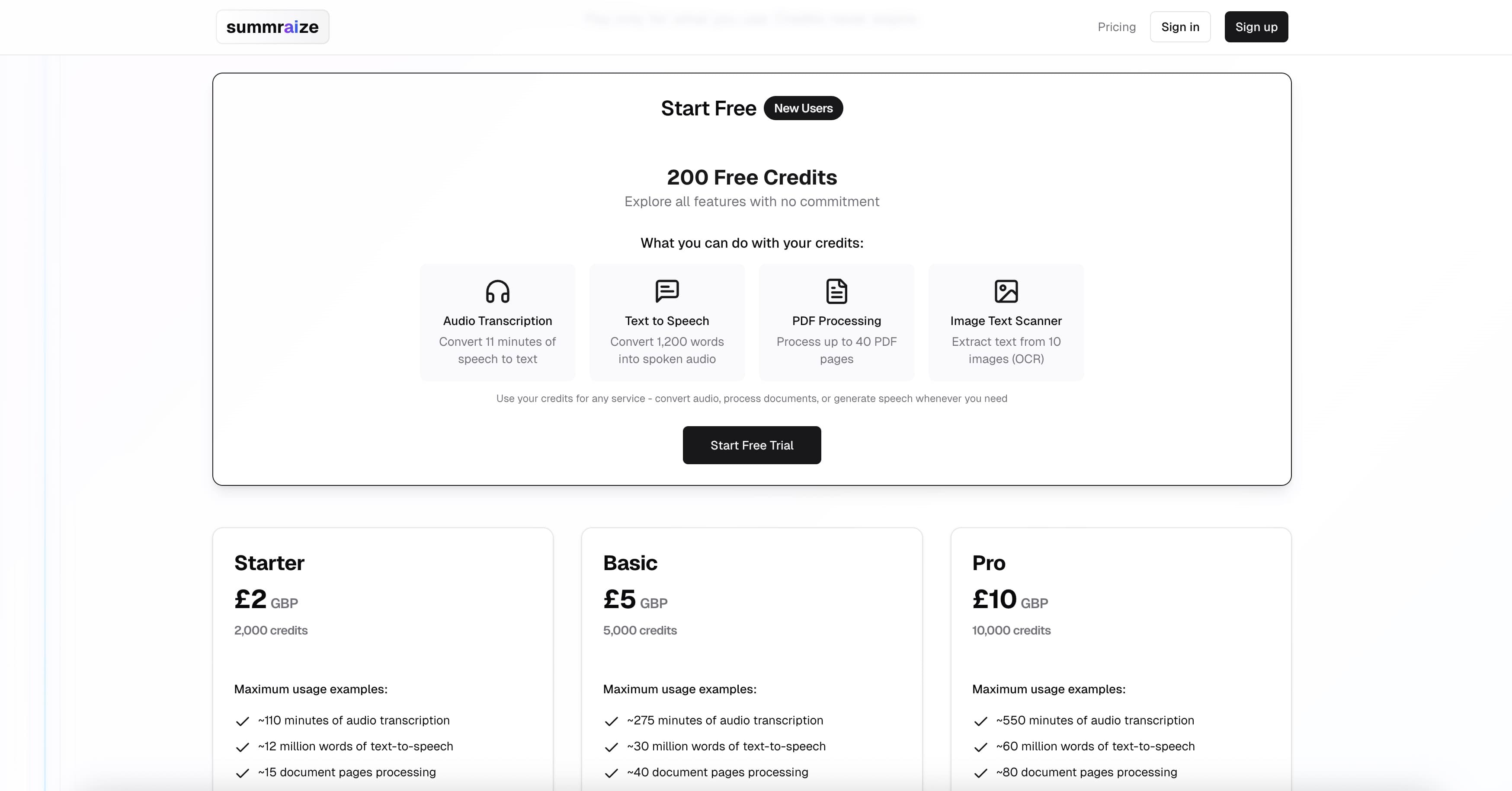 Summaraize pricing screen