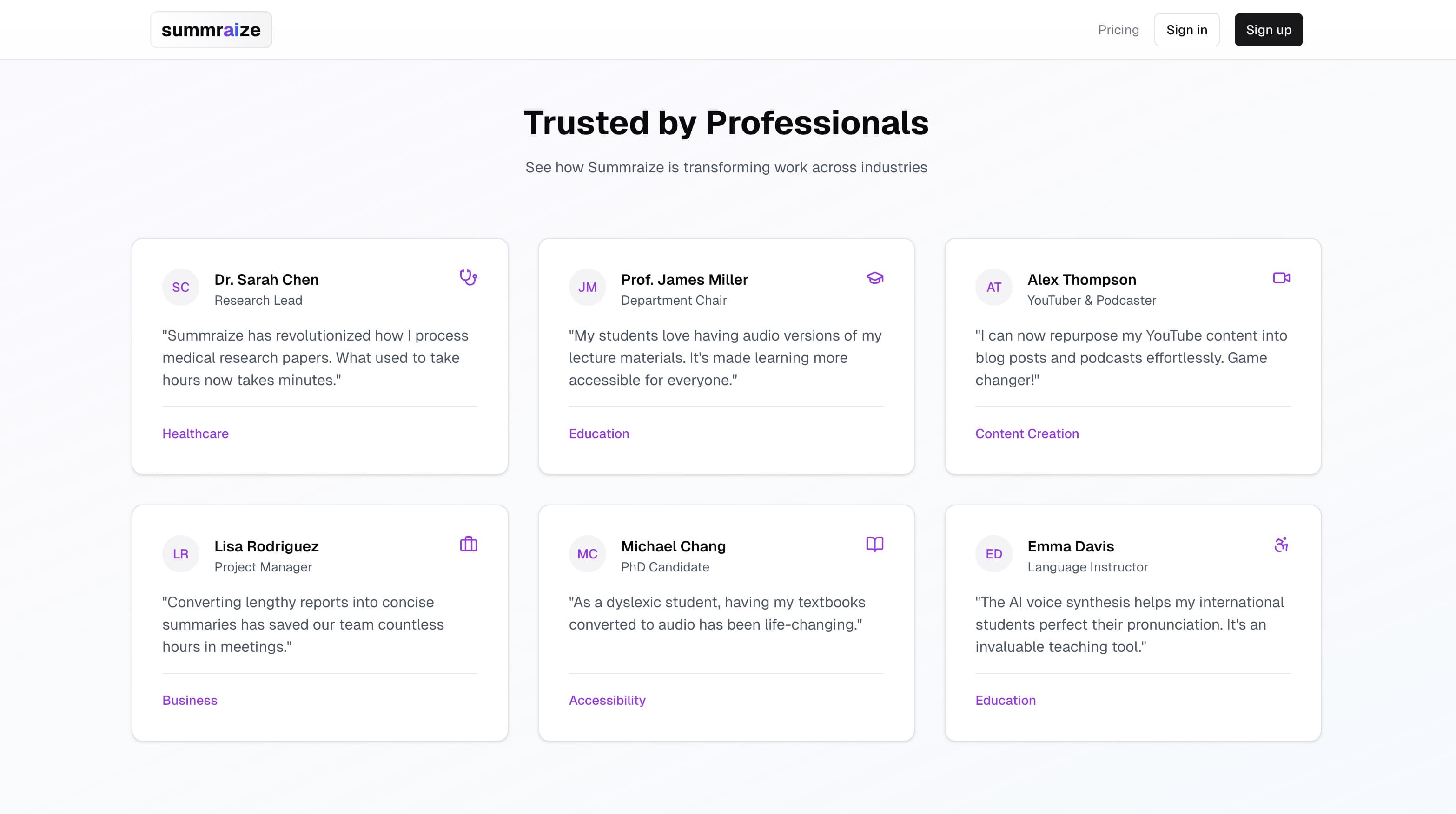 Summaraize trusted by users section