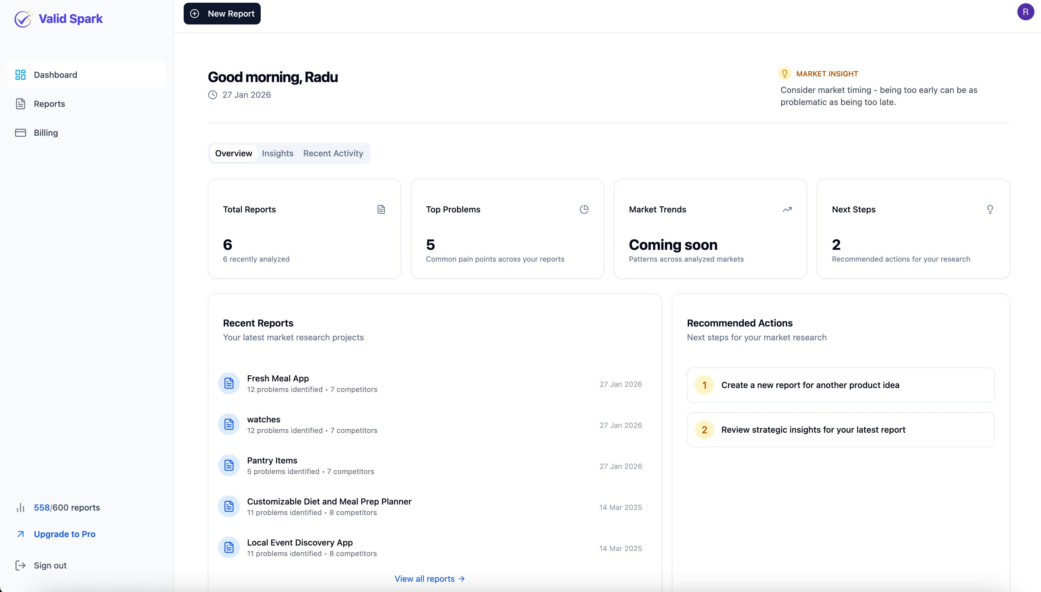 Valid Spark dashboard screen