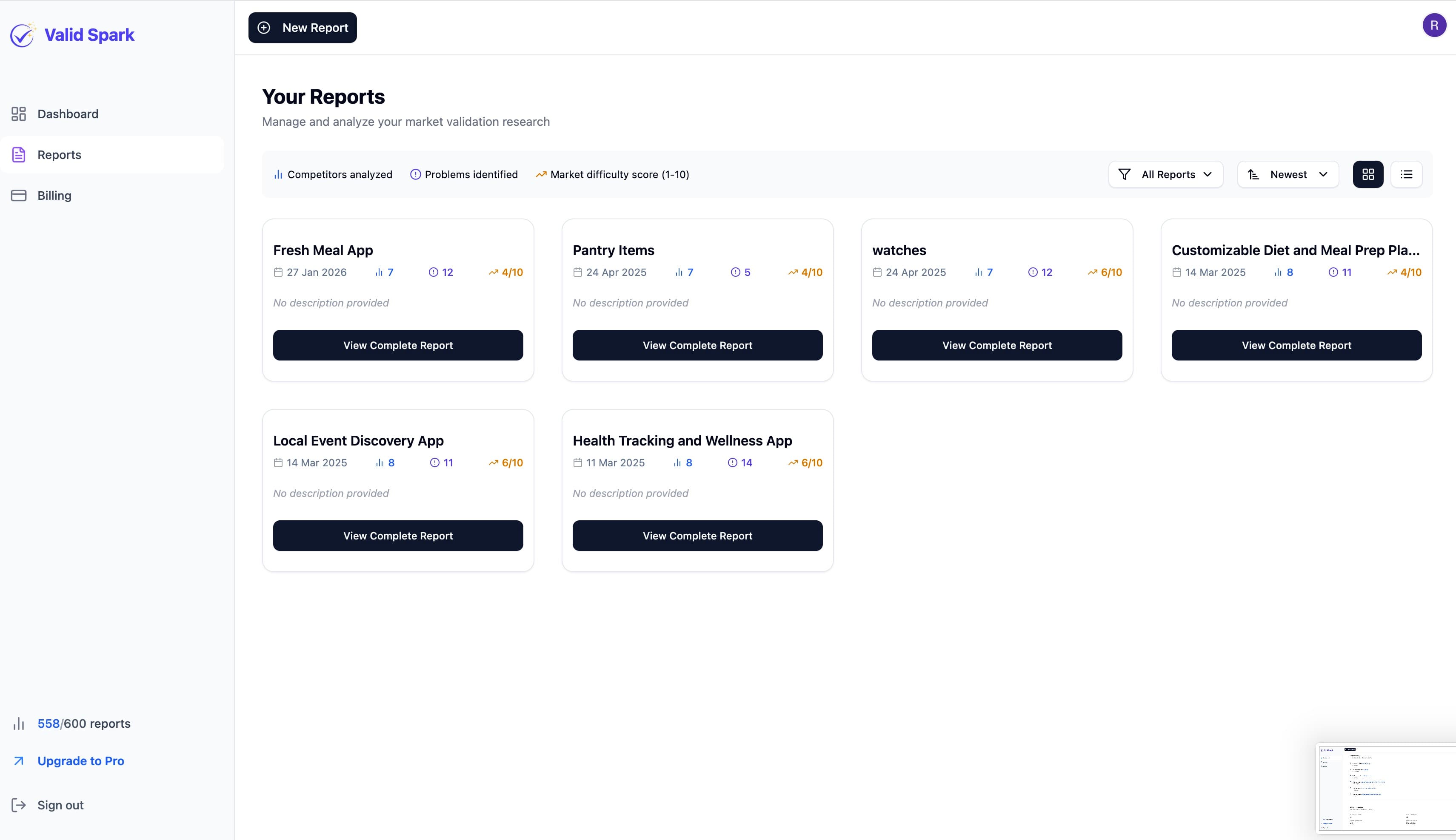 Valid Spark reports dashboard screen