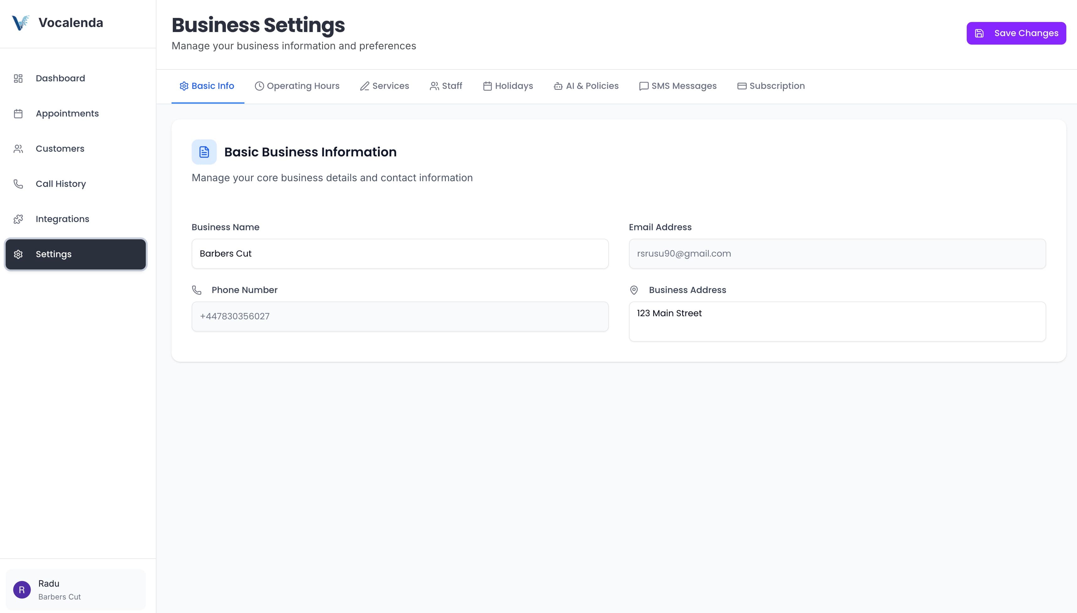 Vocalenda settings screen 1