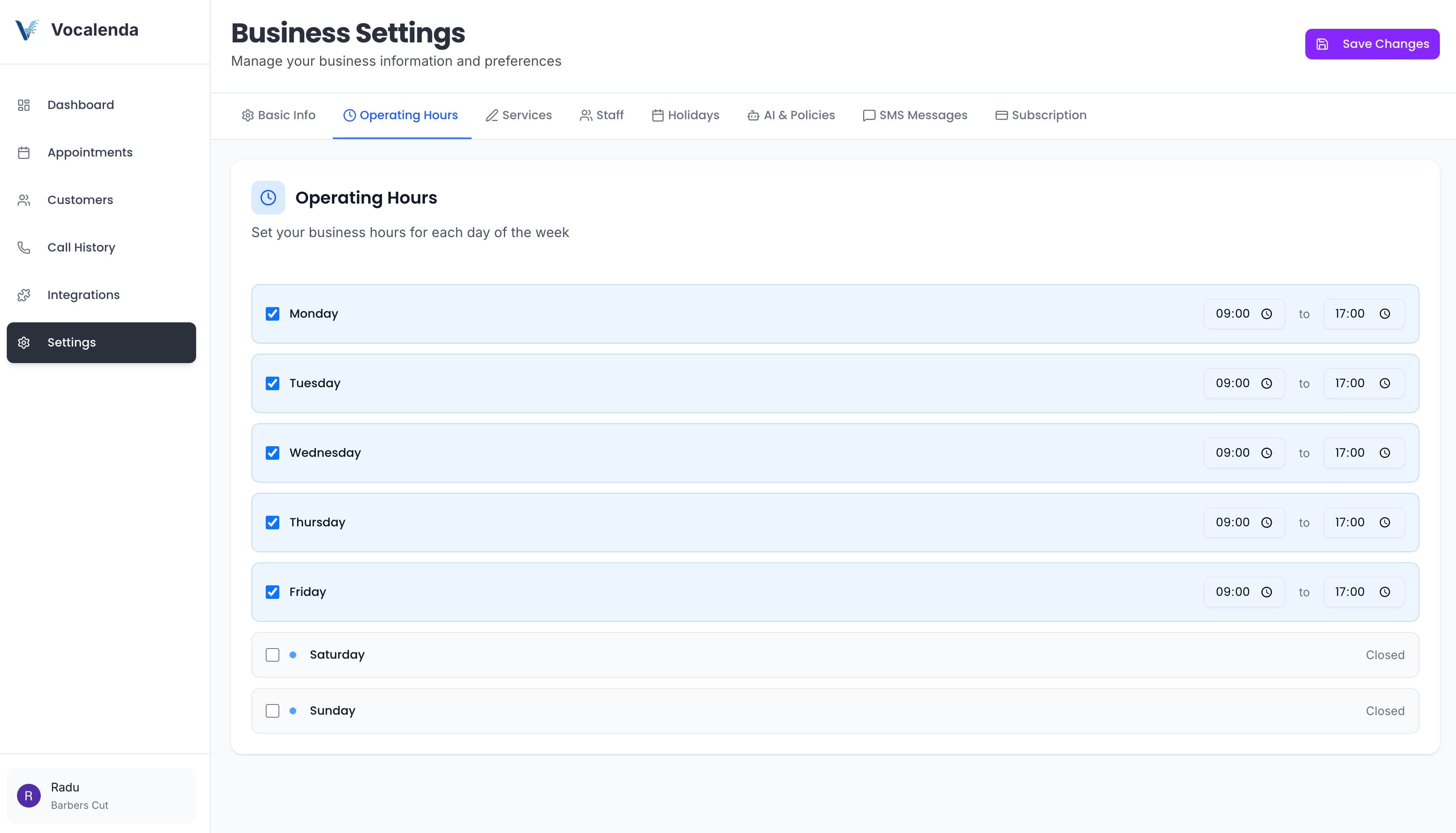 Vocalenda settings screen 2