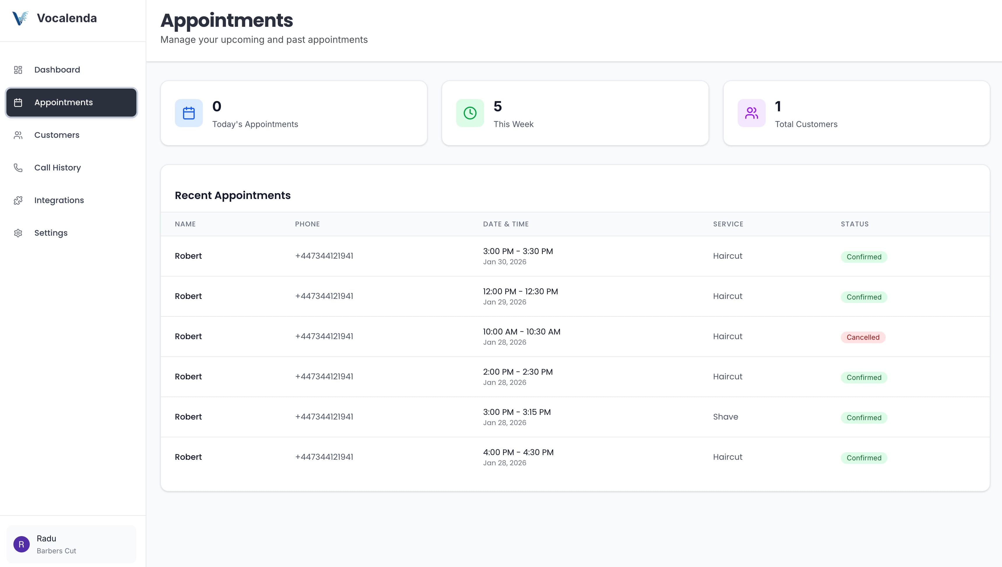 Vocalenda appointments screen