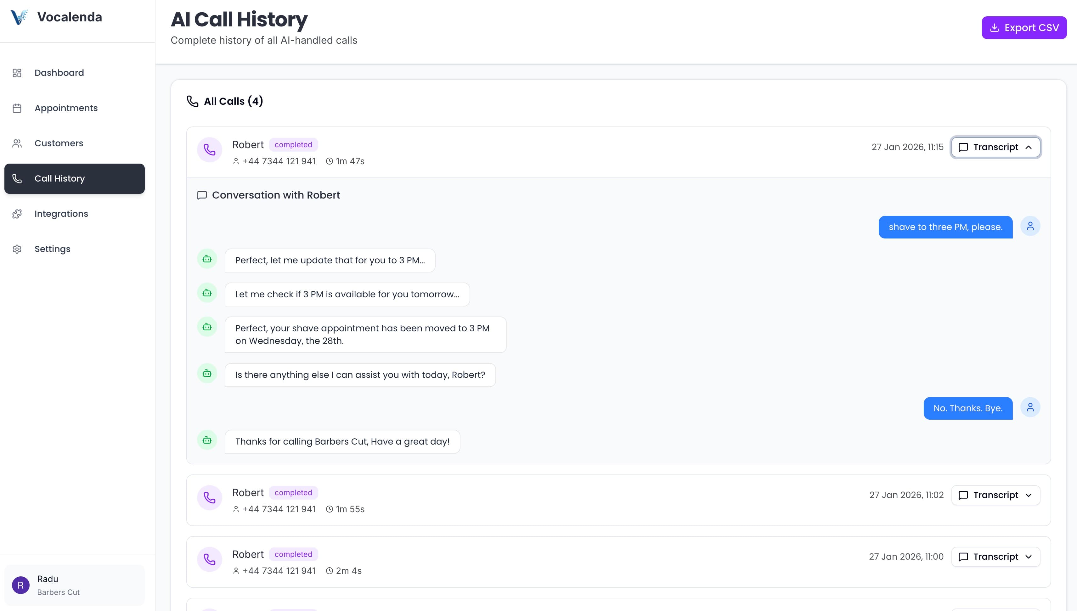 Vocalenda call history screen
