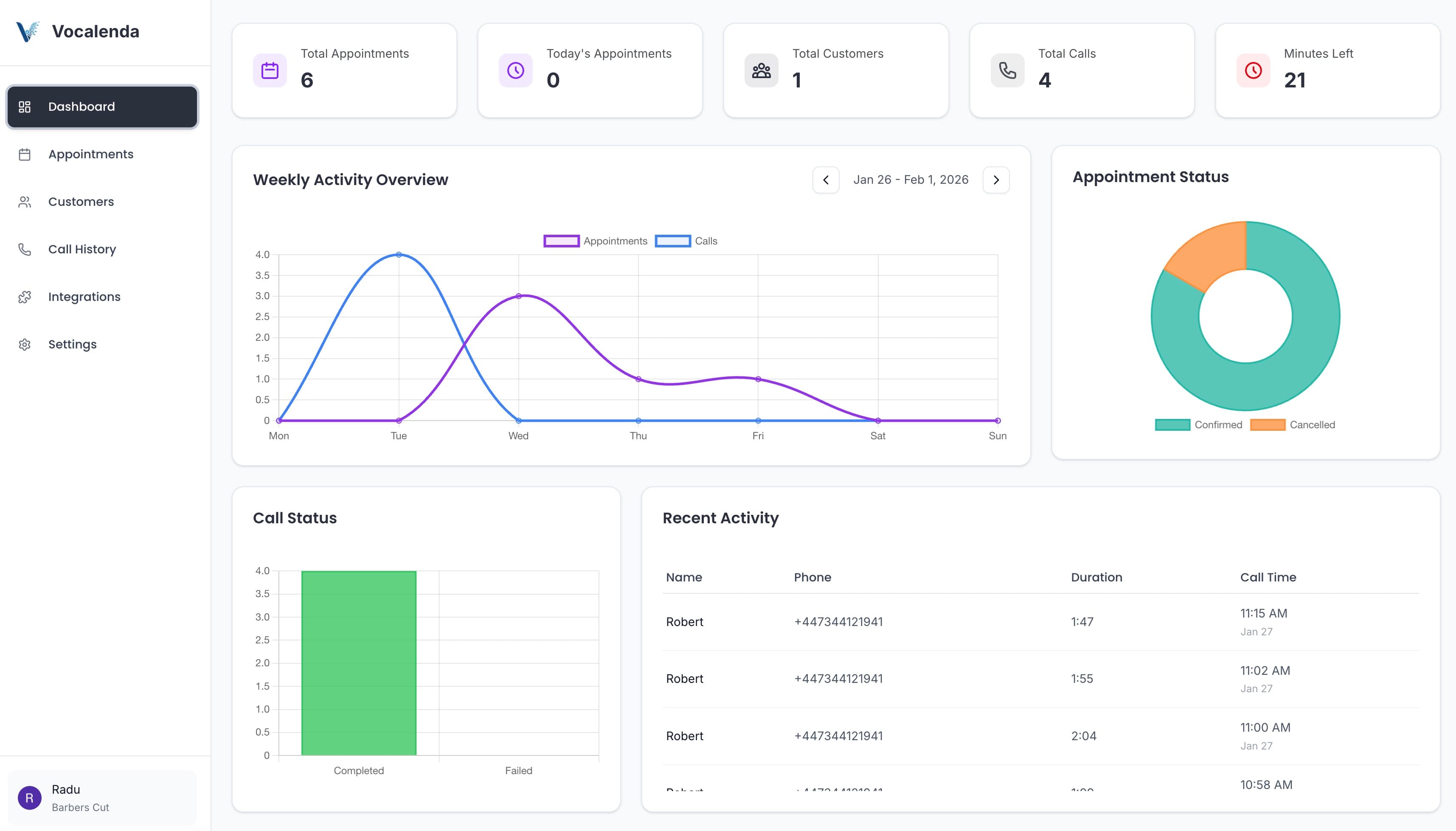 Vocalenda dashboard screen