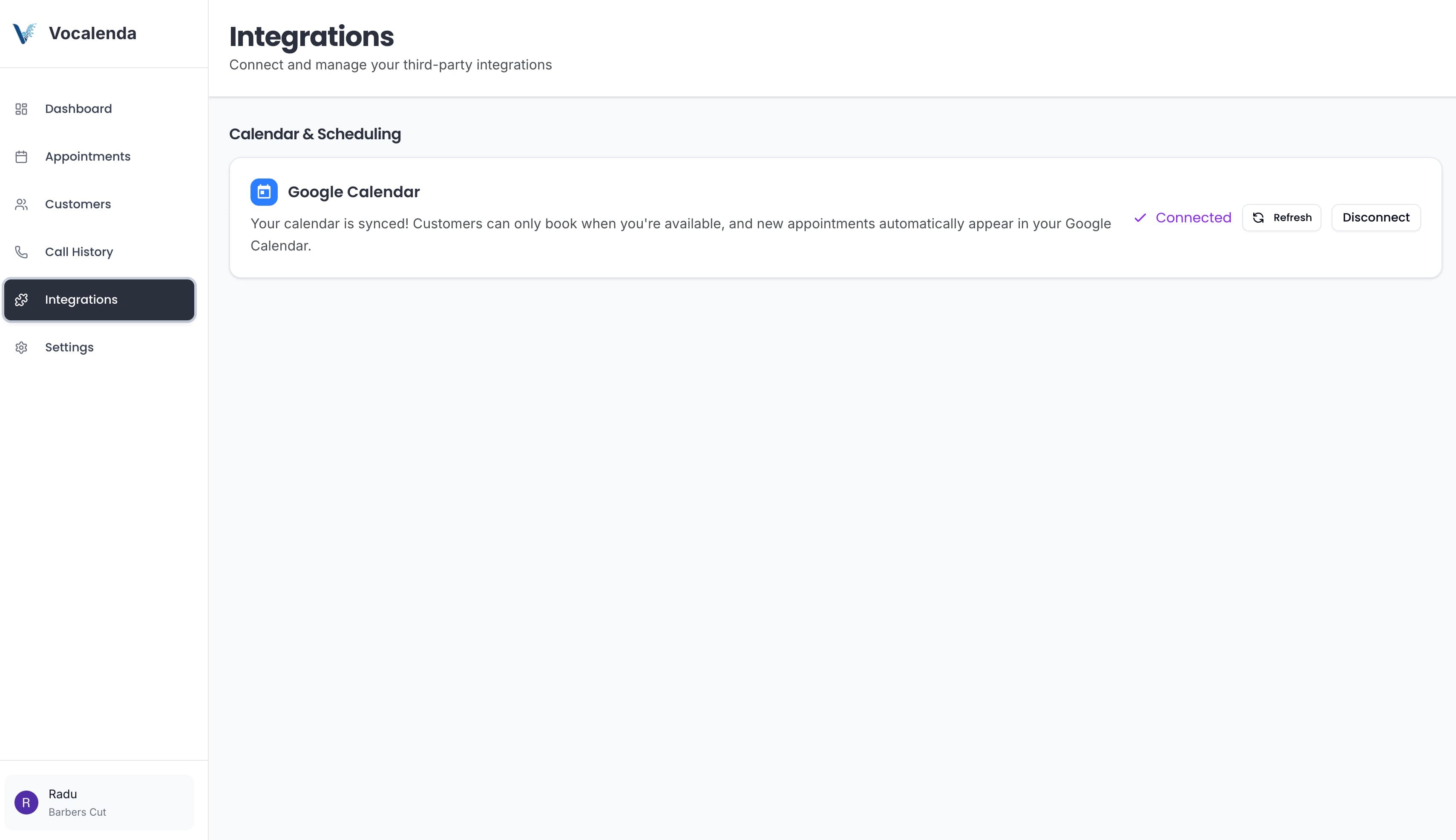 Vocalenda integrations screen