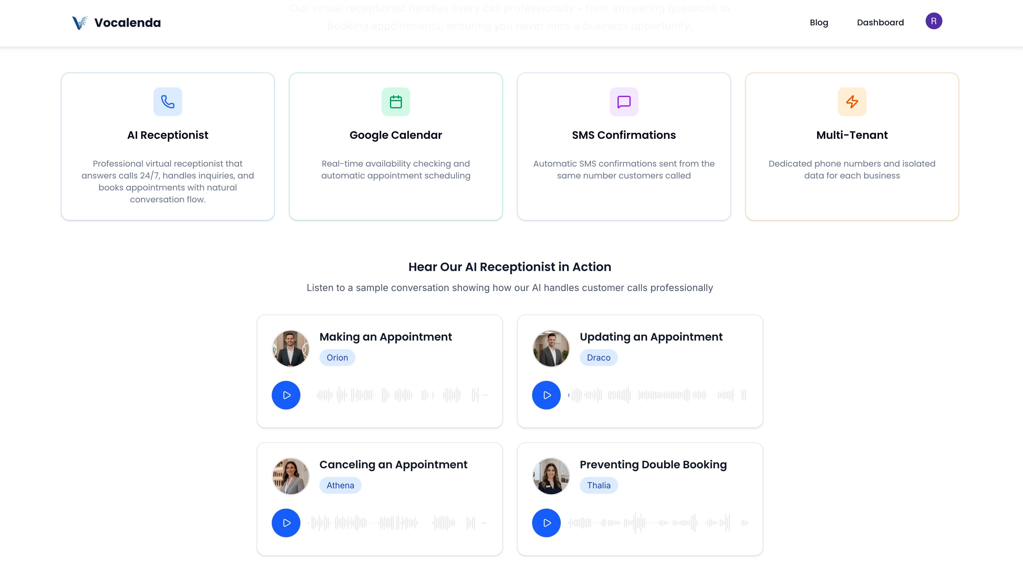 Vocalenda landing page screen