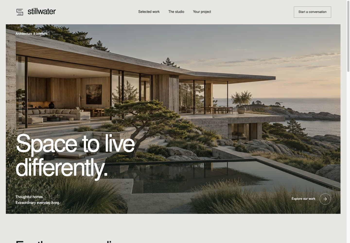Stillwater architecture website concept with project imagery leading the layout