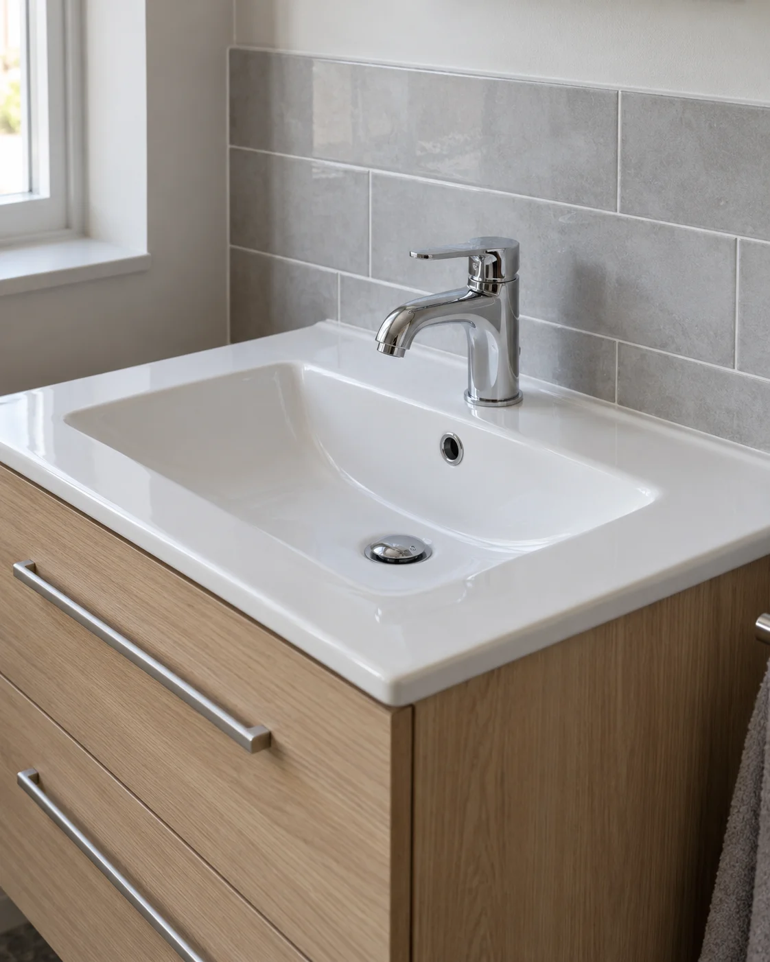 Chrome mixer tap and ceramic basin fitted into an oak bathroom vanity
