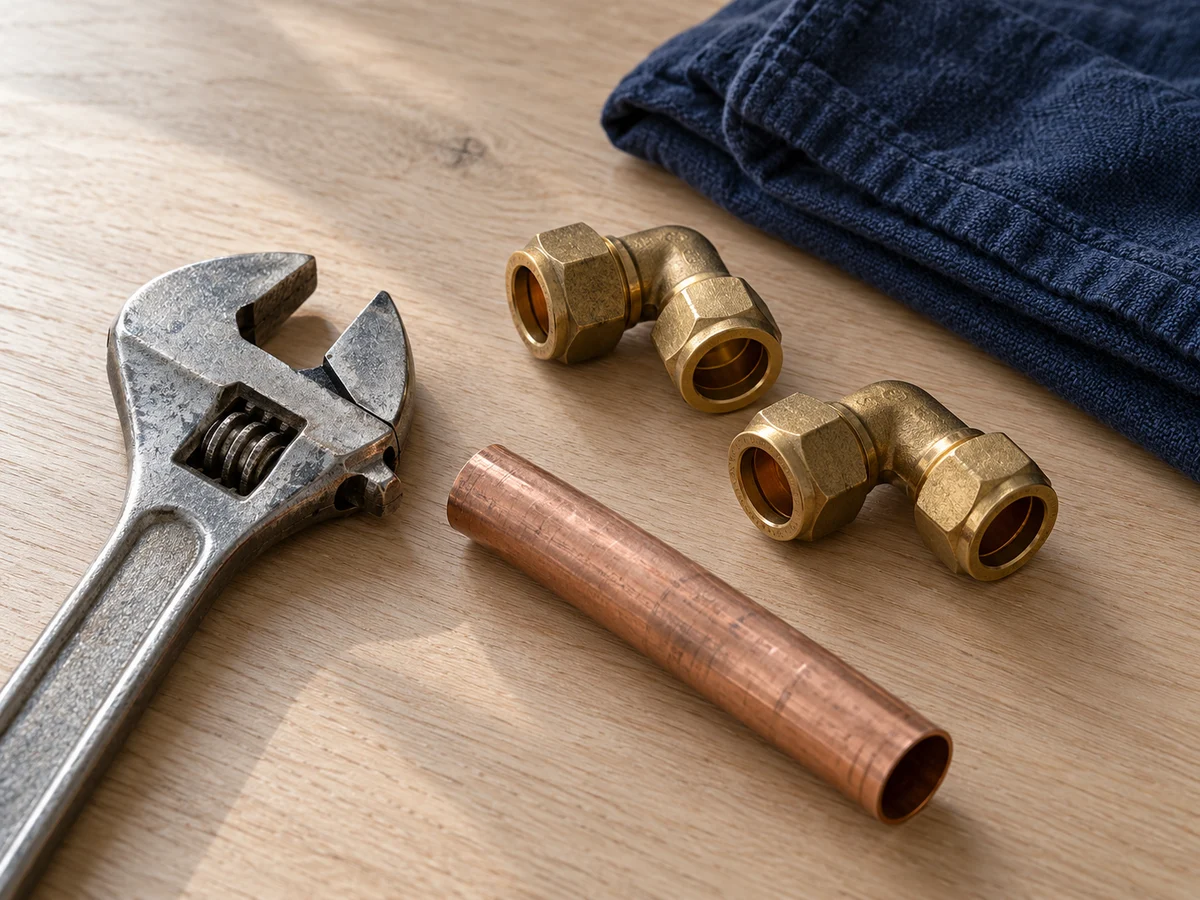 Adjustable spanner, copper pipe and brass compression fittings on a worktop