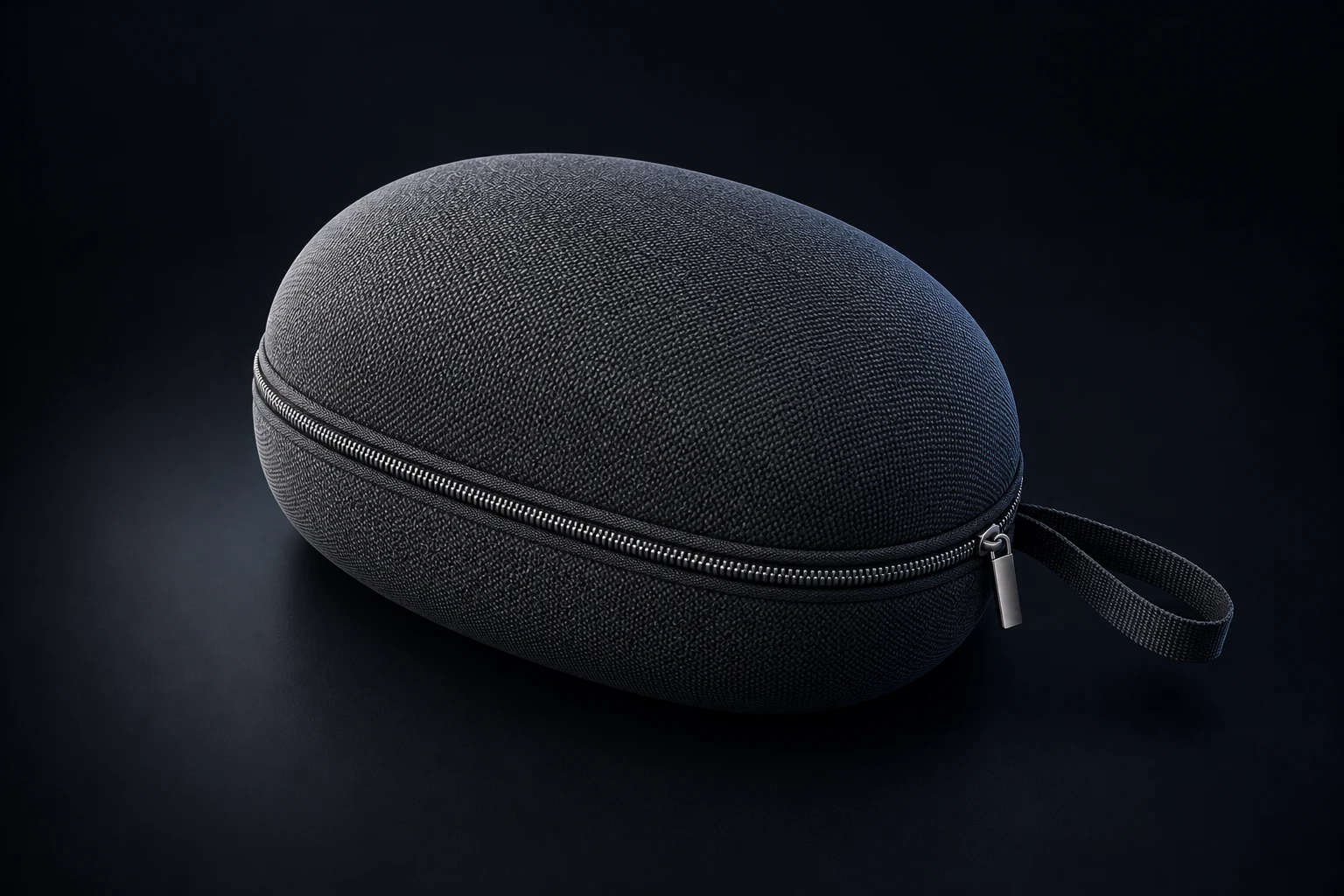 Charcoal C01 headphone travel case with a continuous zip and woven hand loop
