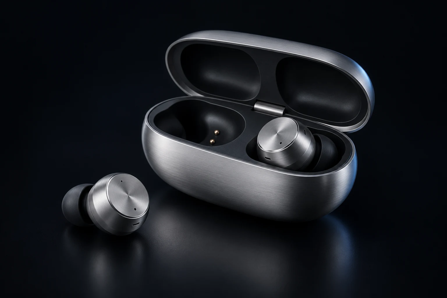Silver E01 wireless earbuds with an open matching charging case