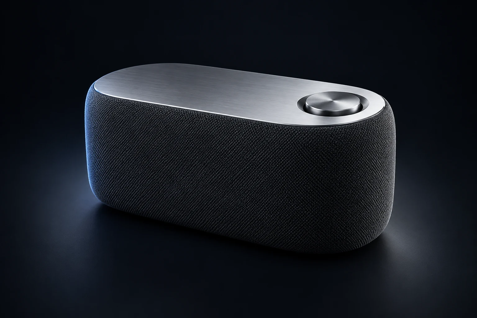 Graphite S01 home speaker with woven fabric and a silver top dial