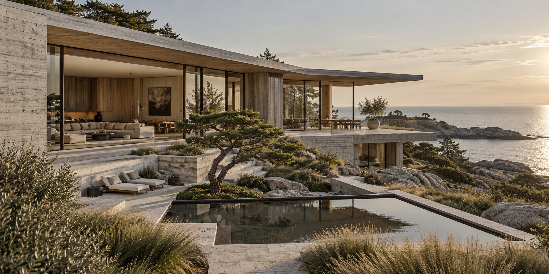 Concept of a cedar and limestone coastal home overlooking the sea
