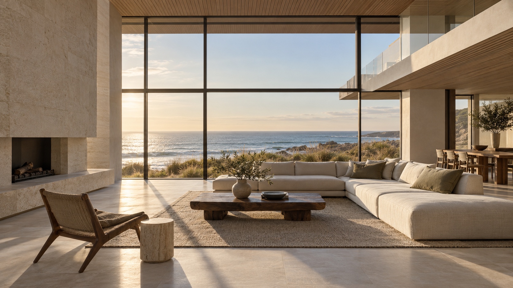 Interior concept with oak ceiling and an open view of the sea