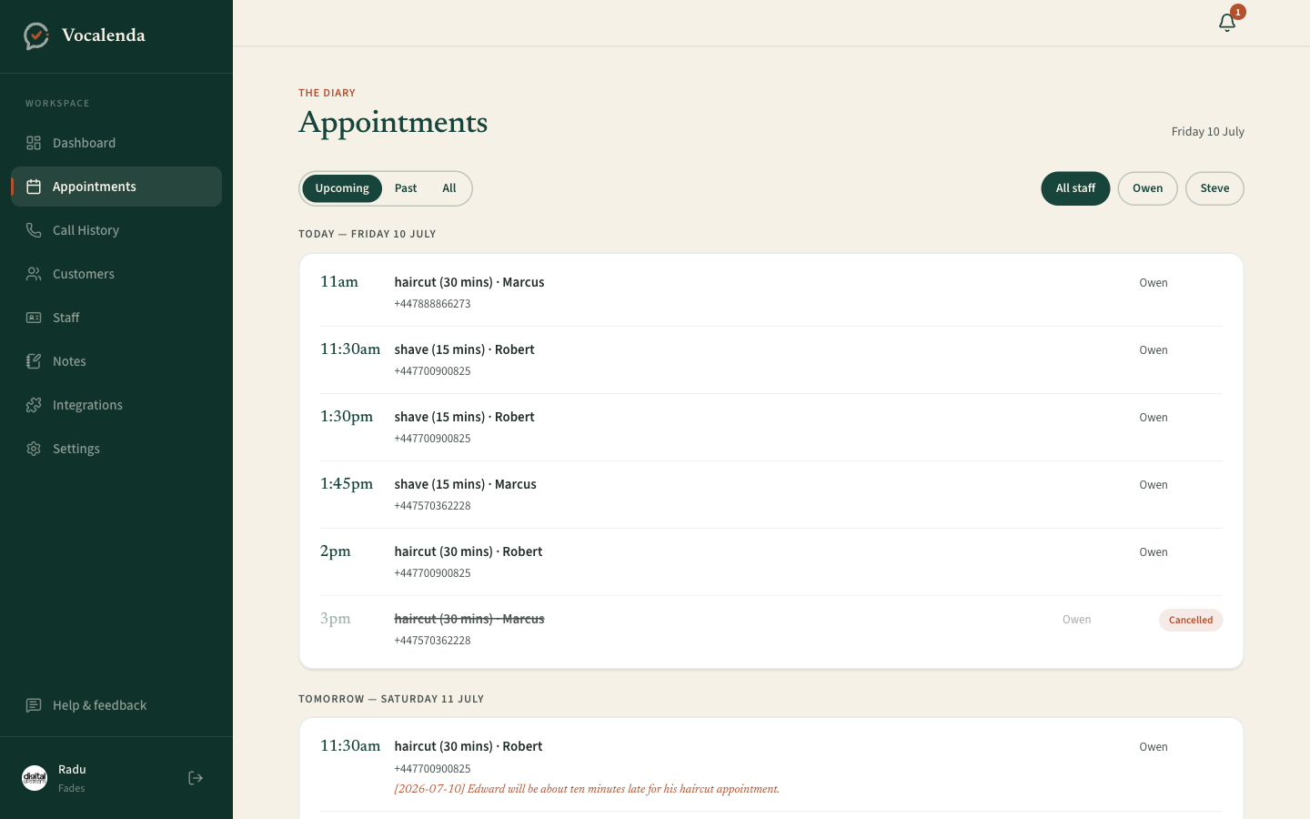 Appointments diary filled by the AI receptionist, per-staff