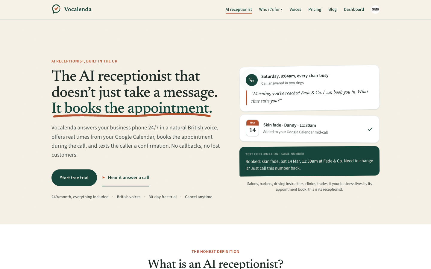 The /ai-receptionist landing page: it books the appointment