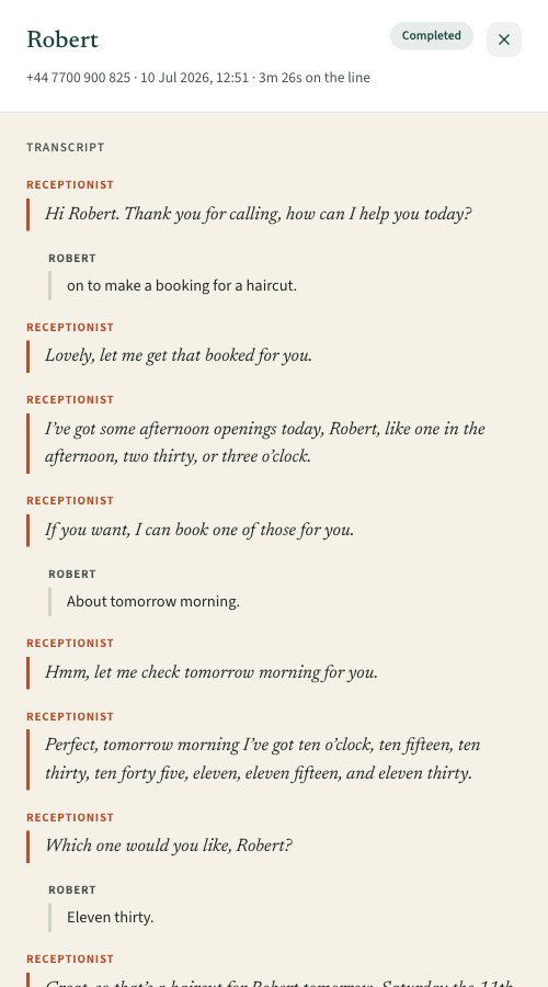 A completed call transcript: the receptionist books a haircut